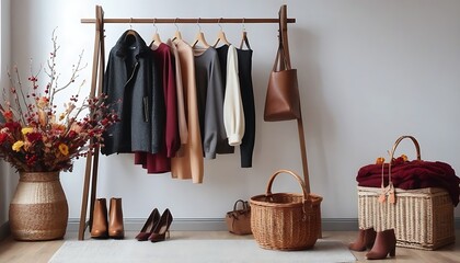 Cozy women's dressing room - a floor hanger with autumn clothes, shoes, a flower in a basket, an autumn bouquet of cranberry branches in a vase