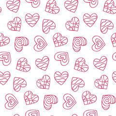 Seamless Pattern with linear hearts. Red Doodle Love symbol. Line Drawn Heart shape. Valentine's Day, wedding, anniversary, Mother's day background. Wrapping paper, wallpaper design