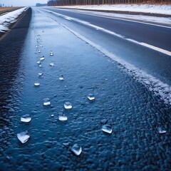 Icy road. Close up photo with the asphalt covered with ice after a freezing rain in the winter morning. Danger for driving.