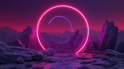 3d rendering illustration. Hoop or circle, Purple and red neon lights on the background of rocks and mountains. Neon frame for your design   