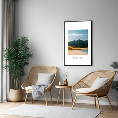 Interior of a room with a chair Mock up poster frame in home interior background