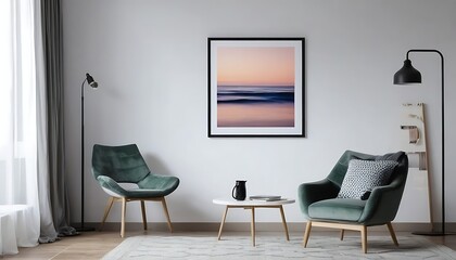 Interior of a room with a chair Mock up poster frame in home interior background
