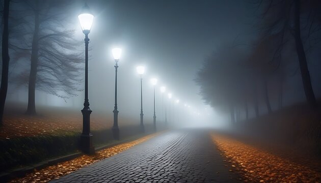 Landscape with street lights in the night autumn fog, fabulous picture silence mystery mist