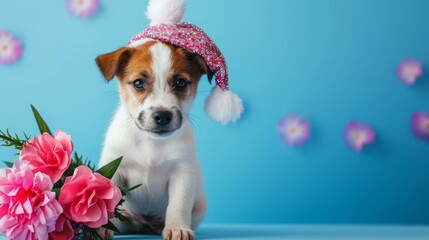 A cute Jack Russell Terrier broken puppy in a festive cap sits next to a bouquet of pink flowers on a blue background. Close-up.    