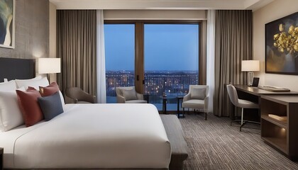 Luxury hotel suite with modern design, comfortable bedding, and elegant decor 