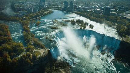 Aerial view of Niagara Falls, Ontario, Canada. Shot from helicopter with Cineflex gimbal and RED 8K camera.    