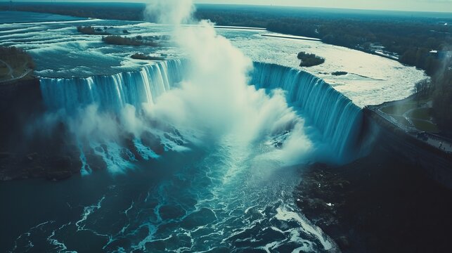 Aerial view of Niagara Falls, Ontario, Canada. Shot from helicopter with Cineflex gimbal and RED 8K camera.   