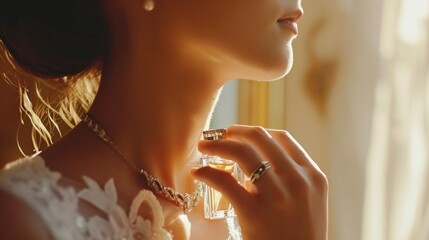 Beautiful woman spraying perfume on her neck. Slow motion close-up video     - obrazy, fototapety, plakaty