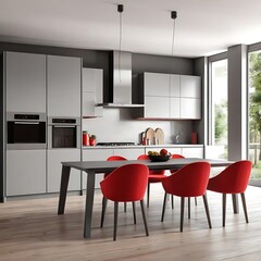 Red and gray modern kitchen with dining room - 3d rendering