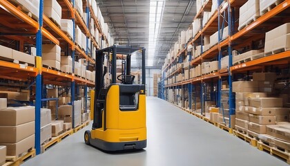 Fototapeta premium Retail warehouse full of shelves with goods in cartons, with pallets and forklifts. Logistics and transportation blurred background. Product distribution center.