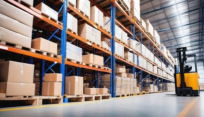 Retail warehouse full of shelves with goods in cartons, with pallets and forklifts. Logistics and transportation blurred background. Product distribution center.