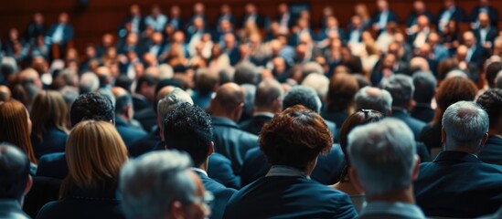 Many speakers in seminar addressing a large business audience.