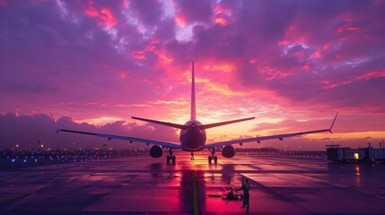 Cinematic sunset at airport, 4K travel footage. Scenic pink sunset with purple clouds in summer sky. Holiday vacation tourism concept video. Back view airplane with tourists landing at night airport  - obrazy, fototapety, plakaty
