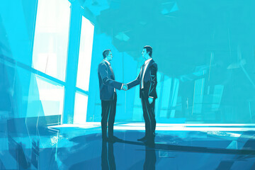 two people shake hands in front of blue background