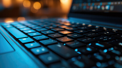 Close-up of a laptop keyboard with backlit keys, with a shallow depth of field and a bokeh effect in the background.