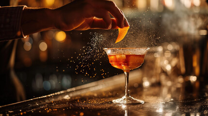 Bartender is performing a technique known as expressing or flaming an orange peel over a cocktail.