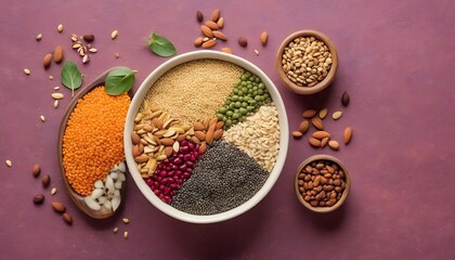 Various superfoods in smal bowl on colored background. Superfood as rice, chia, quinoa, lentils, nuts, sesame seeds, almonds. Top view copy space