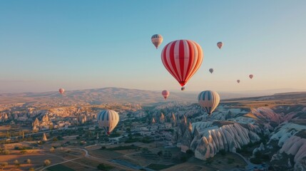 Drone - Hot Air Balloons, Cappadocia, Turkey 2023 - Flying towards red and white air balloon high with others over the city   