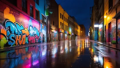 Tuinposter Wet city street after rain at night time with colorful light and graffiti wall © Antonio Giordano