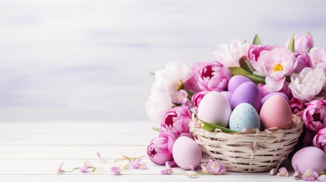 Easter basket with eggs and spring flowers on a white wooden background, a nest with painted eggs. Festive background, greeting card.happy Easter. Easter background with space to copy.