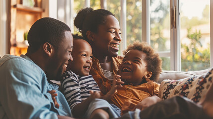 Happy family with a father, mother, and child laughing and sharing a joyful moment together on a couch.