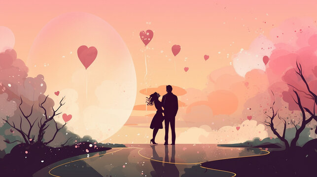 A couple in love with floating hearts. AI Generated