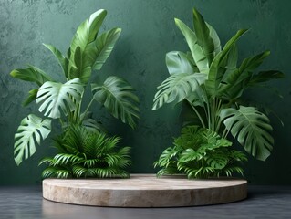 Nature's Pedestal: Sleek Podium Against Jungle Backdrop with Monstera - 3D Render for Organic Product Presentation