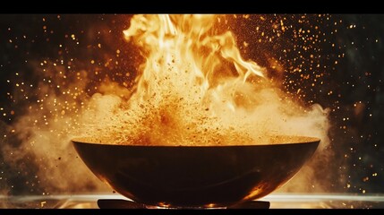 Super Slow Motion Shot of Wok Pan with Flying Ingredients in the Air and Fire Flames. Filmed on High Speed Cinema Camera at 1000 FPS.     - obrazy, fototapety, plakaty