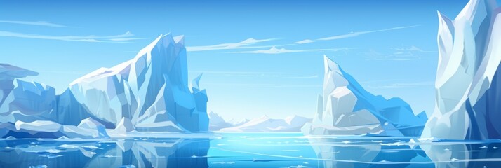antarctic, blue iceberg floating in the ocean. blocks of ice in the water. cold winter landscape, banner. simplistic cartoon style.