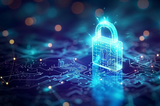 Digital security padlock symbolizing protection on a network backdrop
