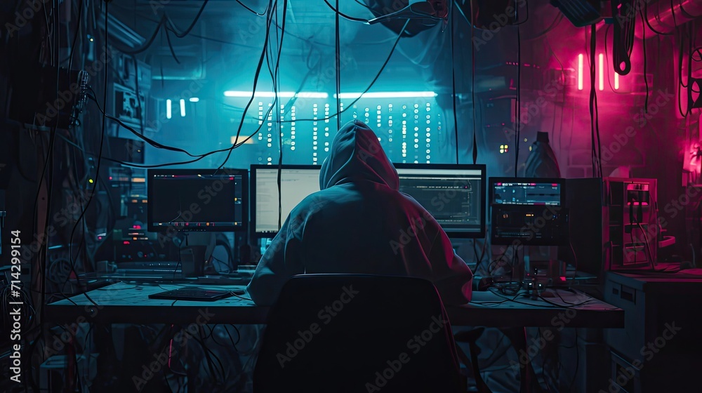 Poster computer hacker sitting at desk in dark room engaged in hacking generative ai