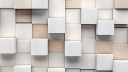 wooden cubes background, texture in light and white tones. natural banner, backdrop, wall. woodworking industry, wood products.