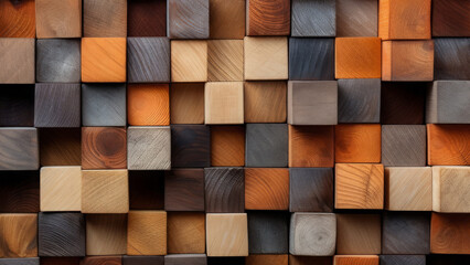 wooden wall background in the style of cubist fragmented reality, carved painted wood blocks. different shades and types of wood. banner. - obrazy, fototapety, plakaty