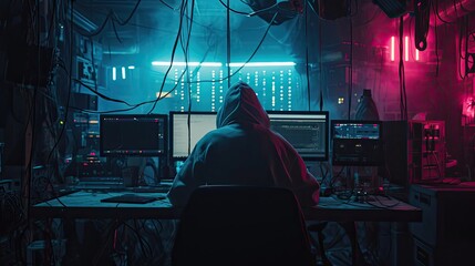 Computer Hacker Sitting at Desk in Dark Room Engaged in Hacking Generative AI - obrazy, fototapety, plakaty