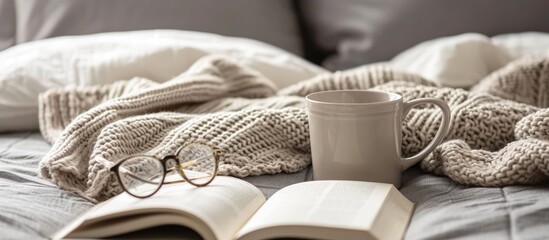 Hygge concept: Comfortable home vibes. Beige sweater, tea or coffee mug, book, and glasses on gray bed. Long banner with space for design.