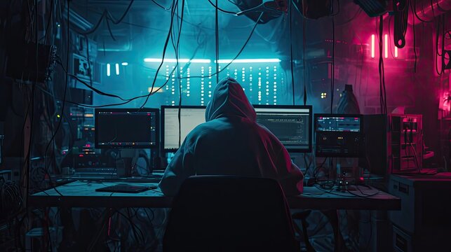 Computer Hacker Sitting at Desk in Dark Room Engaged in Hacking Generative AI