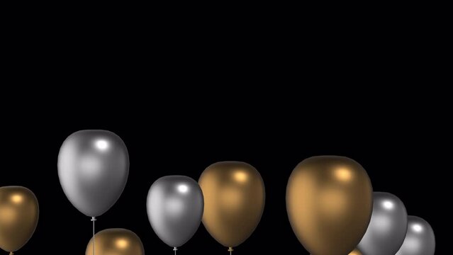 Golden and silver balloons flying on alpha channel. Golden and silver colored balloons floating and going up in the air. Balloons rising and swaying in the wind.