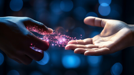 Two hands reach around each other with pink electric particles.