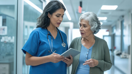 Nurse in blue scrubs is discussing medical information with an elderly female patient using a tablet in a hospital corridor.