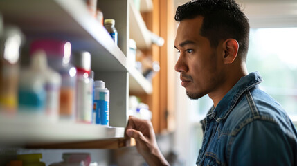 Man is closely examining a medicine bottle he is holding, standing in front of a medicine cabinet filled with various bottles and containers. - obrazy, fototapety, plakaty