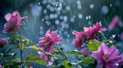 Spring rain shower interacting with blooming flowers, raindrops splashing against petals