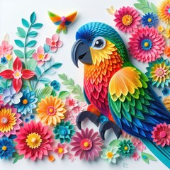 Obraz premium Immerse yourself in the artful world of kirigami with a vibrant parrot against a backdrop of colorful flowers. Isolated on white, this masterpiece combines precision and elegance