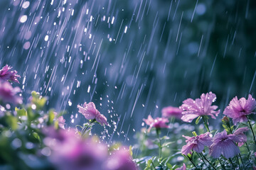 A dynamic photo of a spring rain shower, capturing raindrops splashing on blooming flowers.