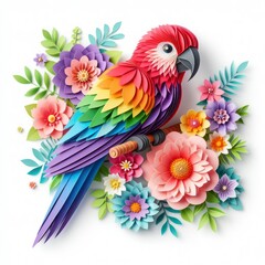 Immerse yourself in the artful world of kirigami with a vibrant parrot against a backdrop of colorful flowers. Isolated on white, this masterpiece combines precision and elegance