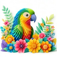Immerse yourself in the artful world of kirigami with a vibrant parrot against a backdrop of colorful flowers. Isolated on white, this masterpiece combines precision and elegance