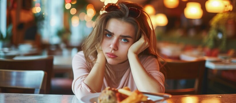 Guilt-ridden woman, cheating on diet, feeling tired and bored listening to date.
