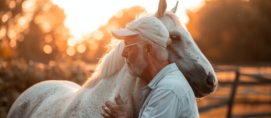A man embracing a therapy horse, symbolizing hippotherapy, care, and friendship between people and animals.