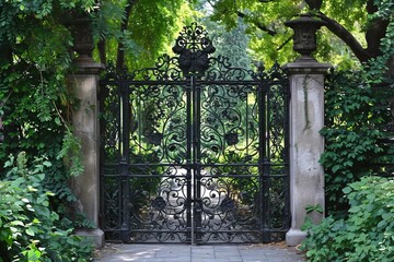 Secret botanical garden with ornate iron gates