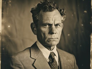 Fototapeta premium Photorealistic Old White Man with Brown Curly Hair vintage Illustration. Portrait of a person in 1950s era aesthetics. Conservative style Ai Generated Horizontal Illustration.