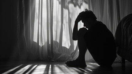 Silhouette of a person sitting on the floor holding head with their hands